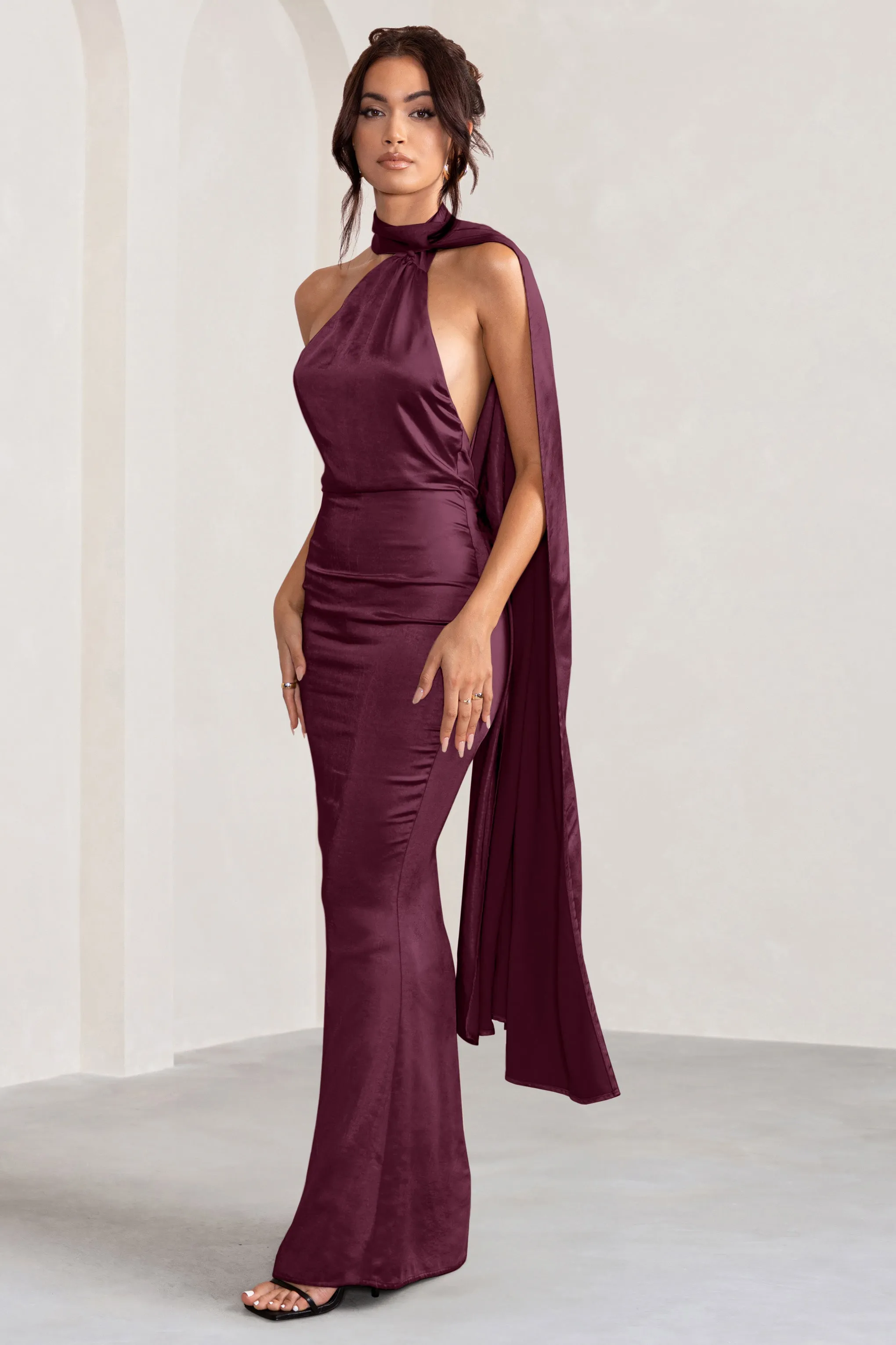 Mademoiselle | Burgundy Satin Asymmetric Scarf Neck Backless Maxi Dress