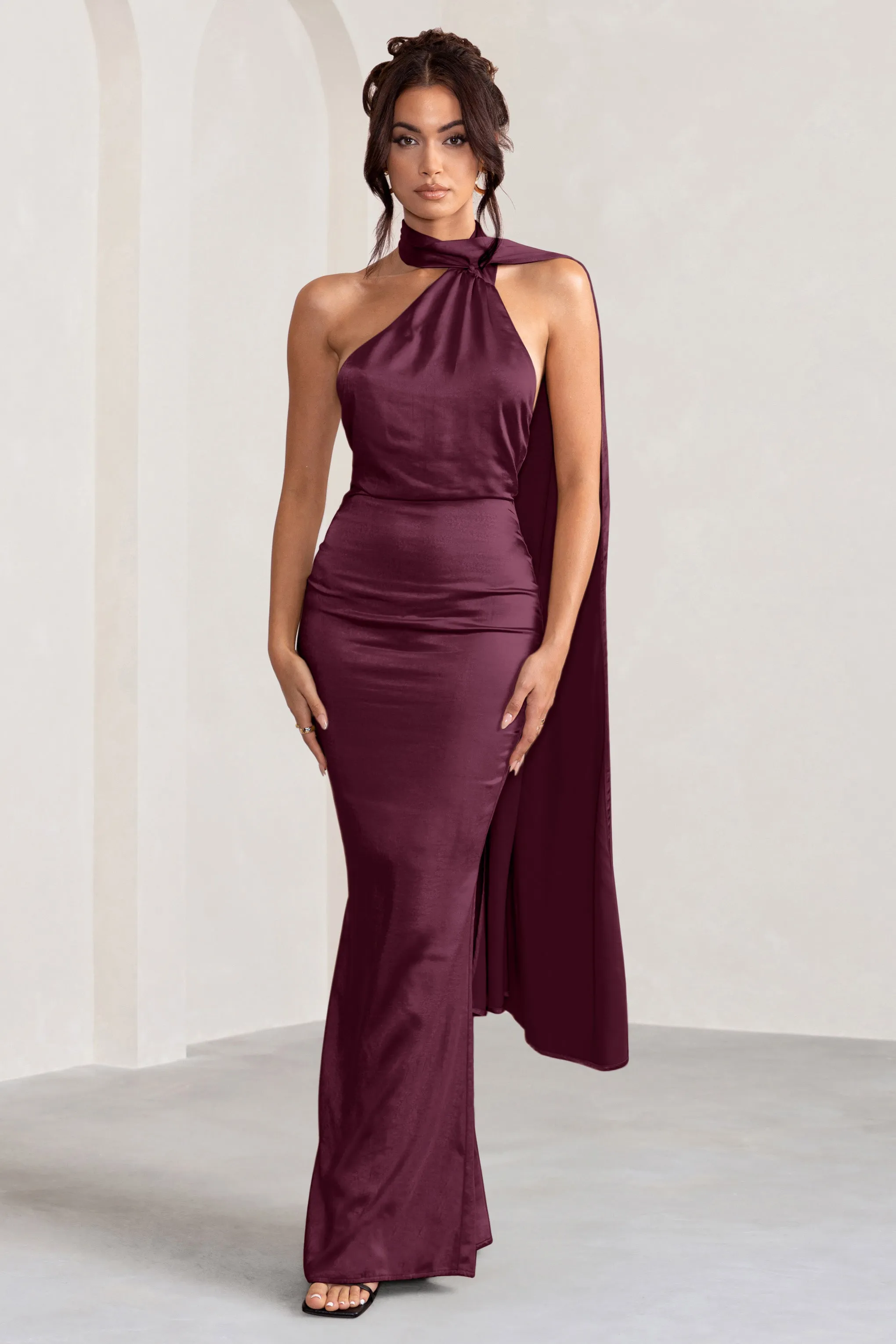 Mademoiselle | Burgundy Satin Asymmetric Scarf Neck Backless Maxi Dress