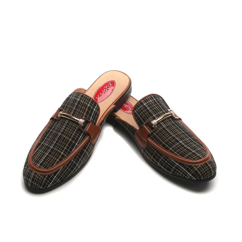 Men's Canvas Checked Pattern Slip-on Backless Flat Outdoor Slippers