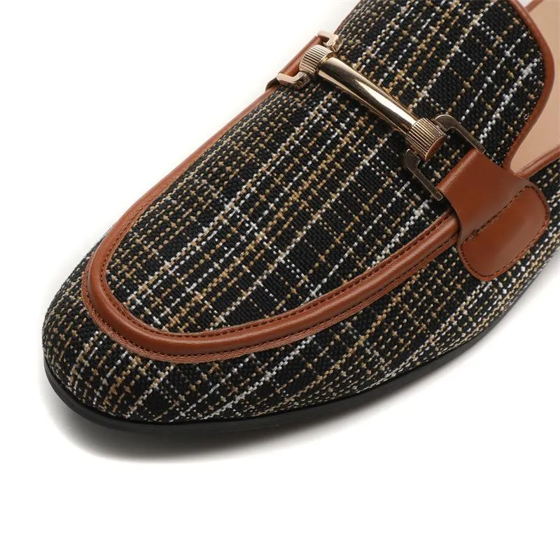 Men's Canvas Checked Pattern Slip-on Backless Flat Outdoor Slippers