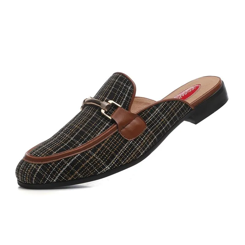 Men's Canvas Checked Pattern Slip-on Backless Flat Outdoor Slippers