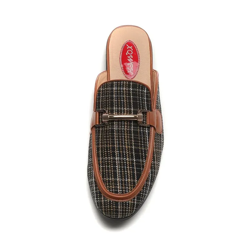 Men's Canvas Checked Pattern Slip-on Backless Flat Outdoor Slippers