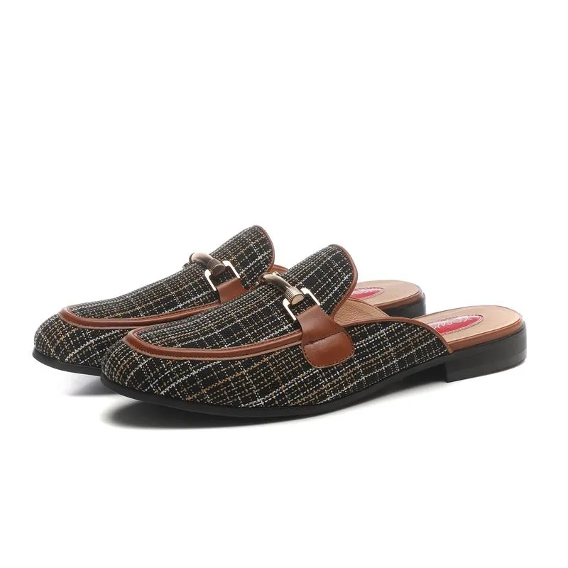 Men's Canvas Checked Pattern Slip-on Backless Flat Outdoor Slippers