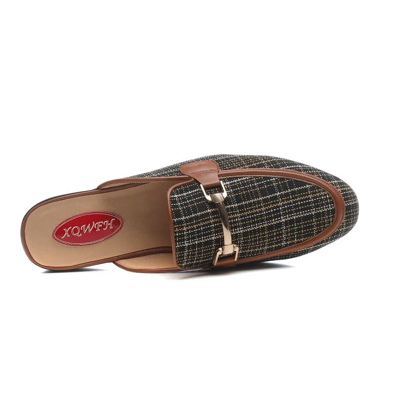 Men's Canvas Checked Pattern Slip-on Backless Flat Outdoor Slippers