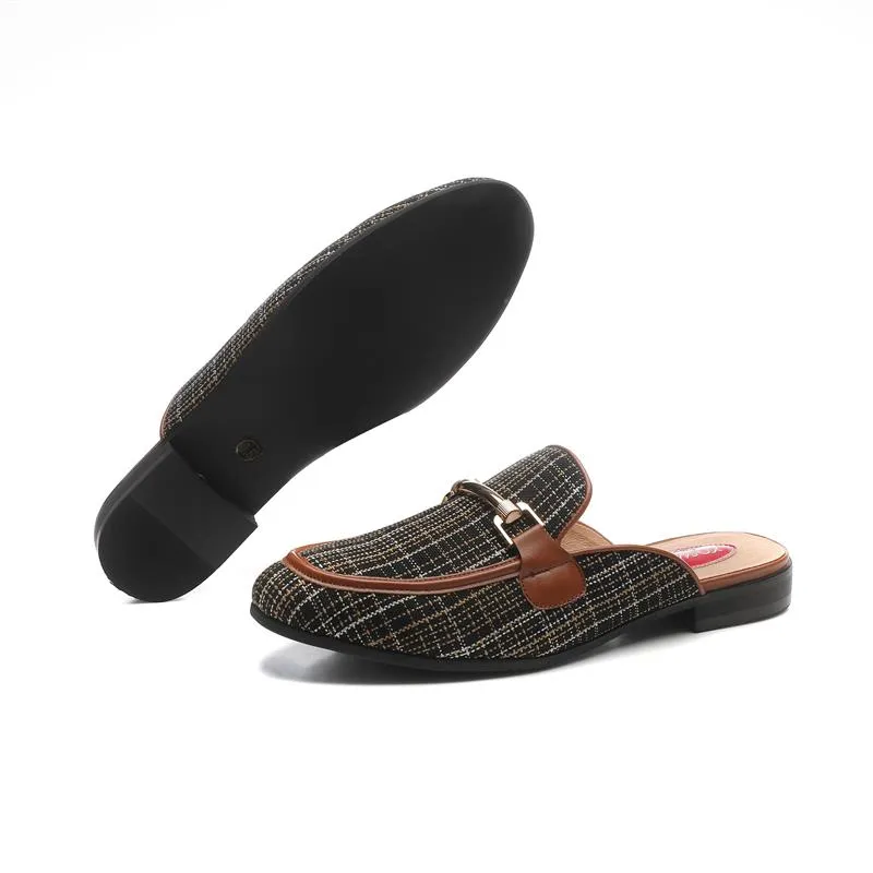 Men's Canvas Checked Pattern Slip-on Backless Flat Outdoor Slippers