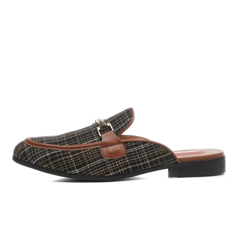 Men's Canvas Checked Pattern Slip-on Backless Flat Outdoor Slippers