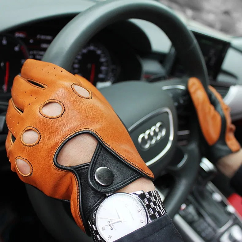 Men's Fashion Genuine Goatskin Leather Black Driving Finger Gloves