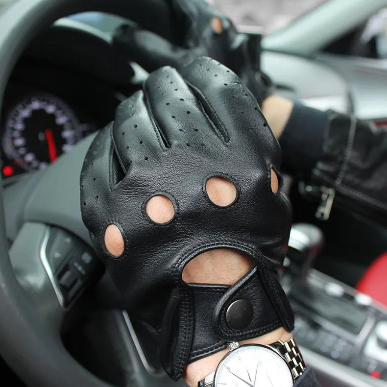 Men's Fashion Genuine Goatskin Leather Black Driving Finger Gloves