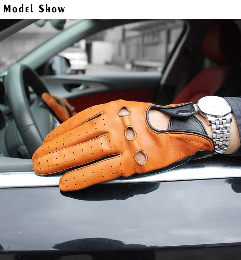 Men's Fashion Genuine Goatskin Leather Black Driving Finger Gloves