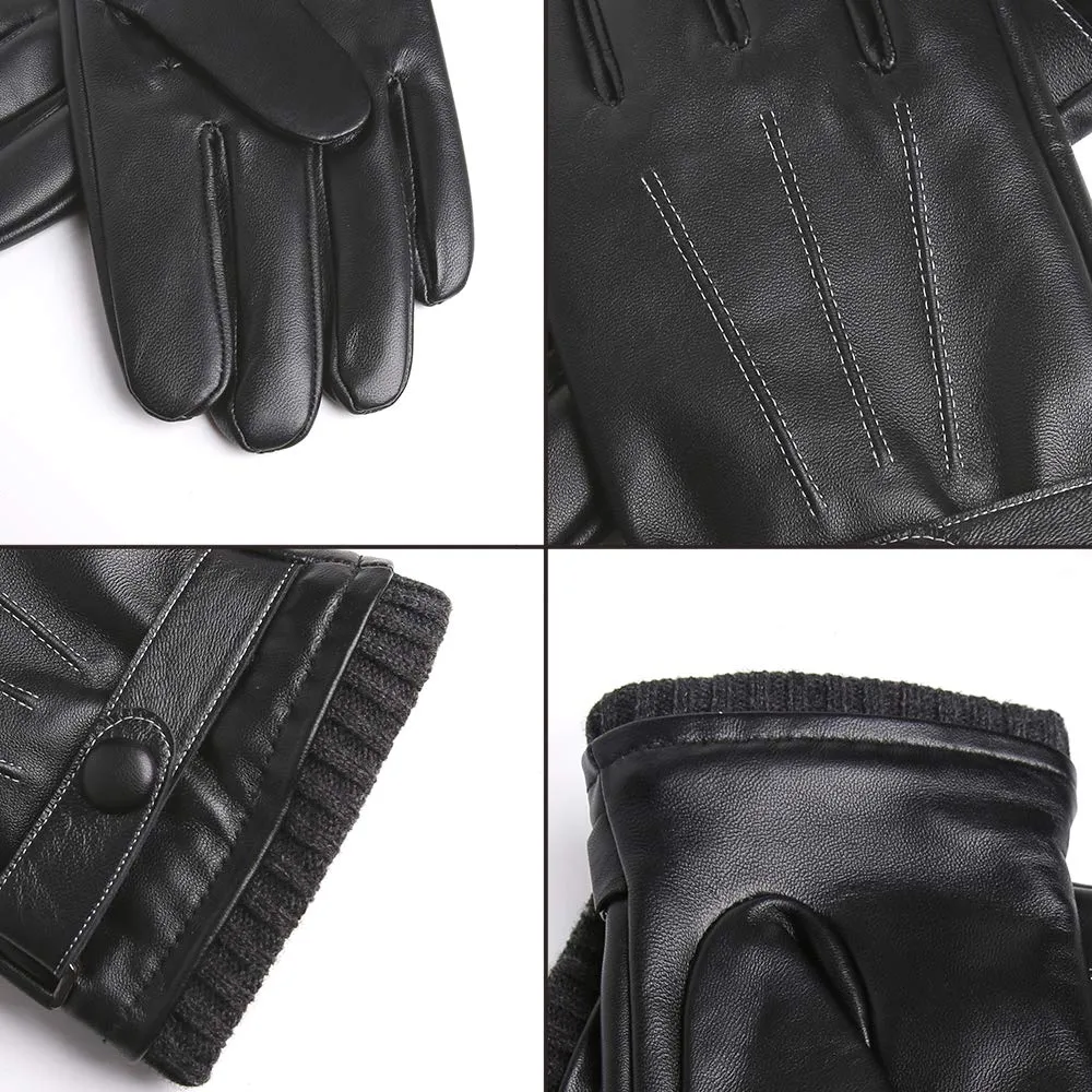 Men's Real Sheepskin Leather Wool Knit Touch Screen Driving Winter Gloves