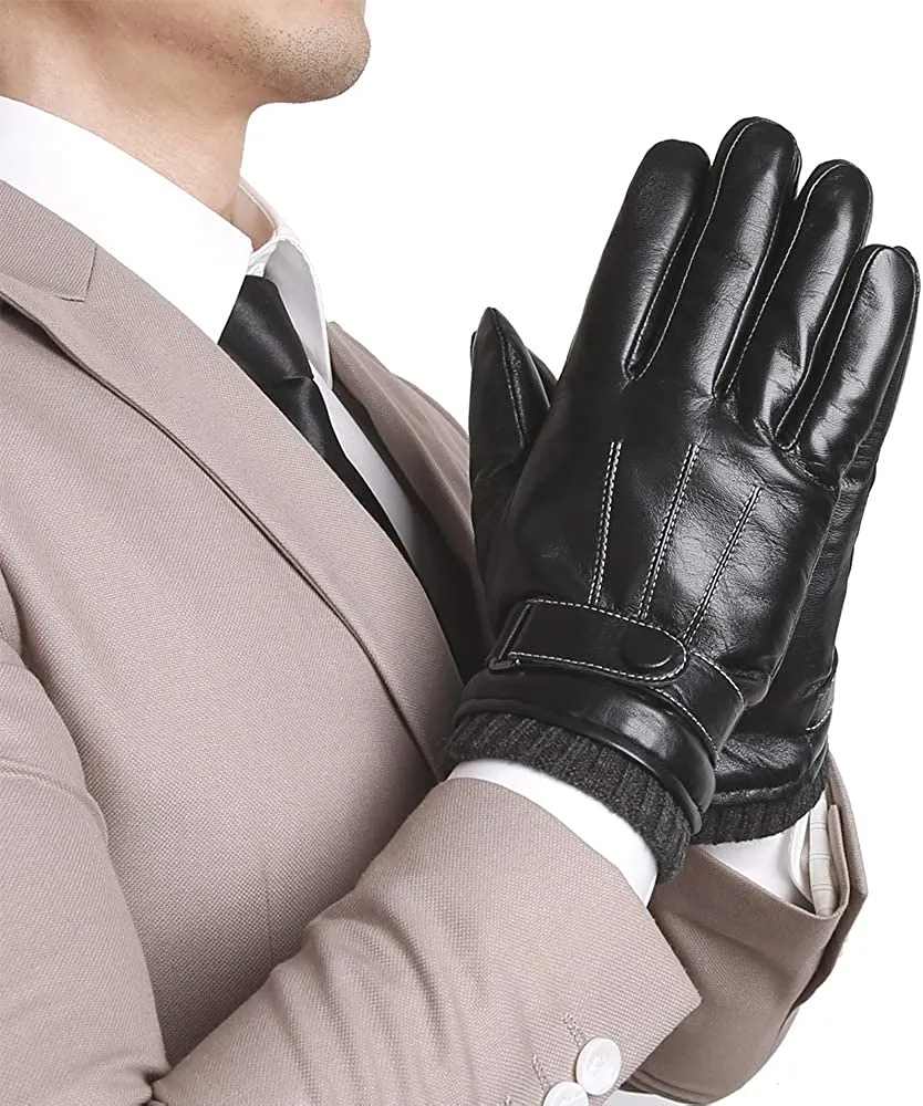 Men's Real Sheepskin Leather Wool Knit Touch Screen Driving Winter Gloves