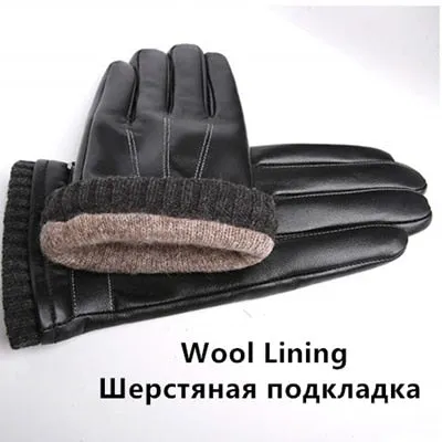 Men's Real Sheepskin Leather Wool Knit Touch Screen Driving Winter Gloves