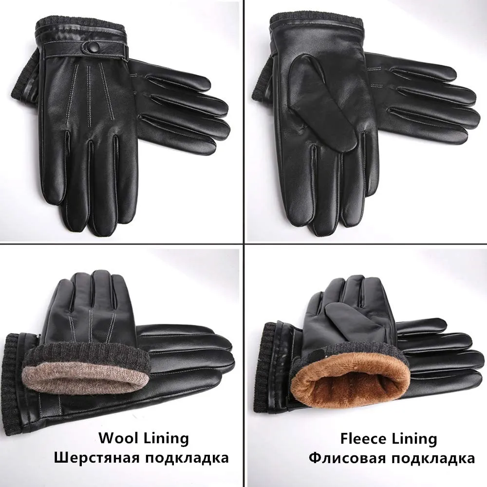 Men's Real Sheepskin Leather Wool Knit Touch Screen Driving Winter Gloves