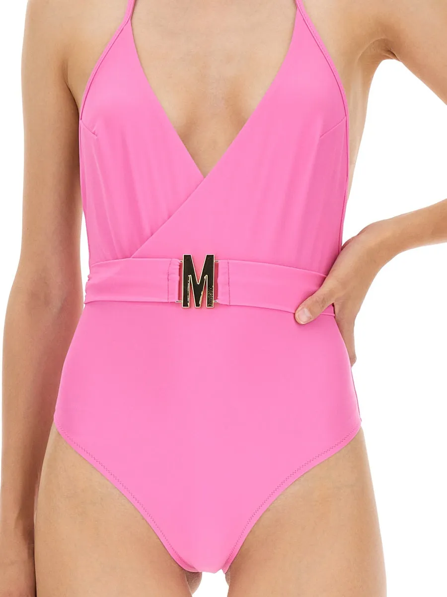 Moschino Logo Belted One Piece Swimsuit