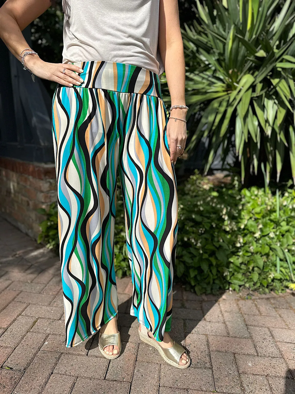 Multi Coloured Retro Print Wide Leg Trousers