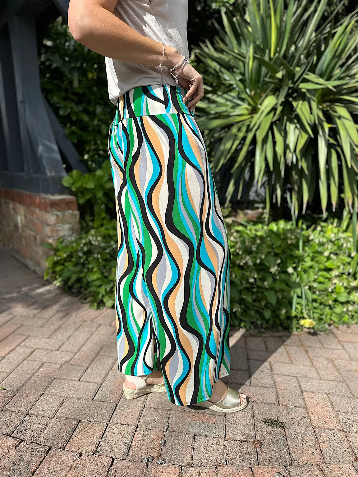 Multi Coloured Retro Print Wide Leg Trousers