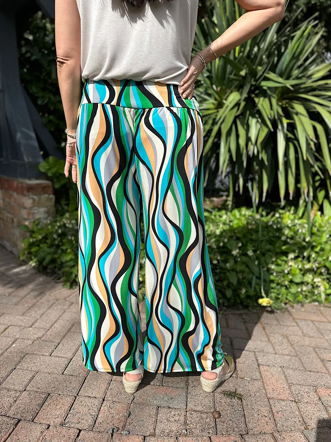 Multi Coloured Retro Print Wide Leg Trousers