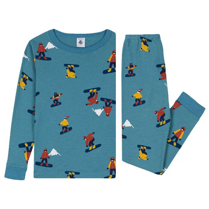 Petit Bateau Child Likely Pyjamas Duffle Blue With Snowboarding Print