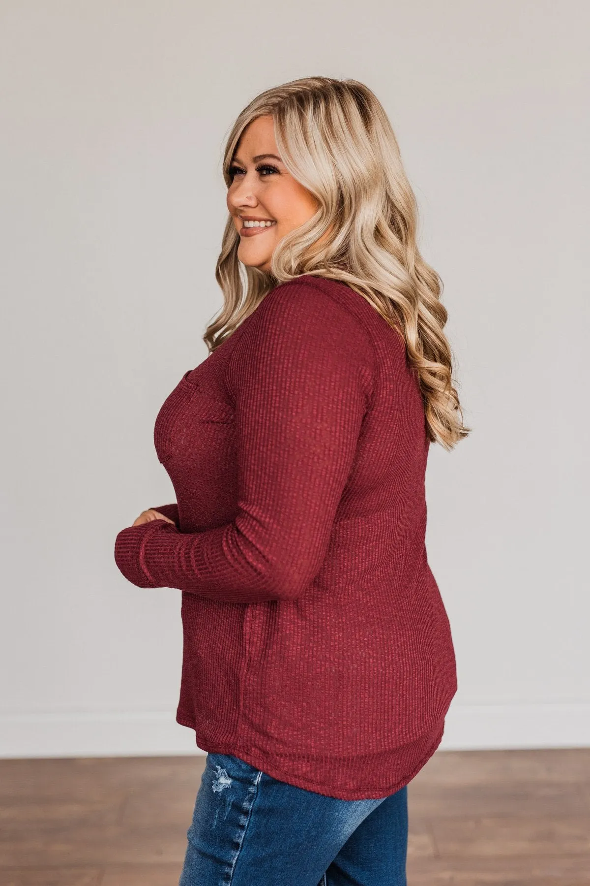 Slowing Things Down Pocket Long Sleeve Top- Burgundy