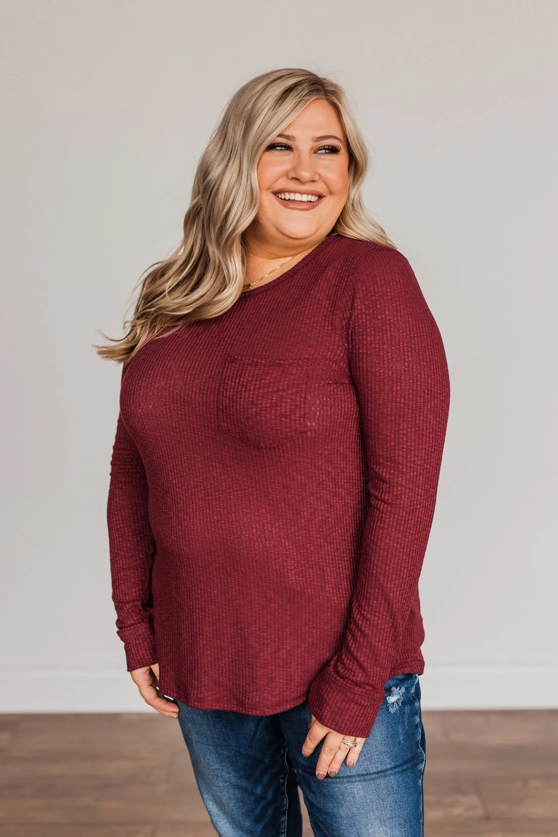 Slowing Things Down Pocket Long Sleeve Top- Burgundy