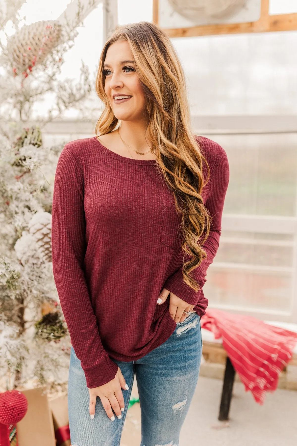 Slowing Things Down Pocket Long Sleeve Top- Burgundy