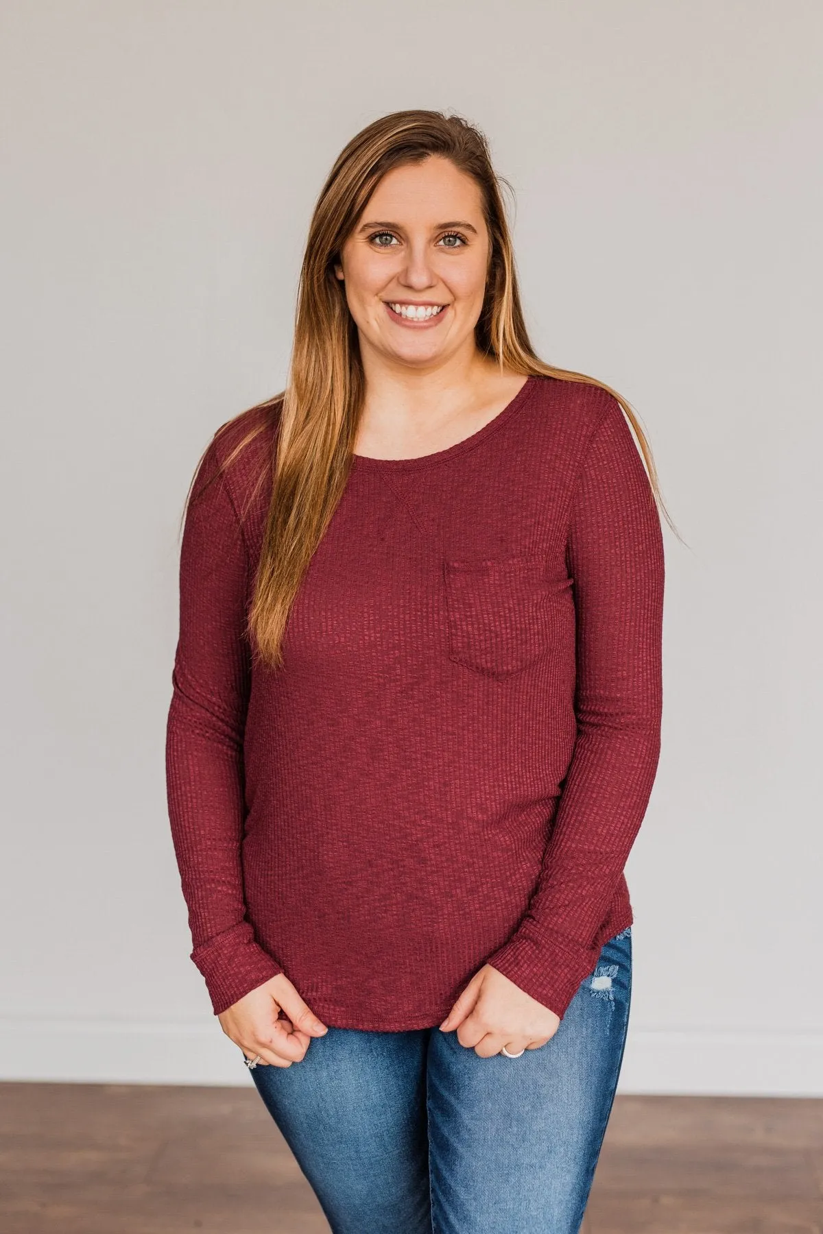 Slowing Things Down Pocket Long Sleeve Top- Burgundy