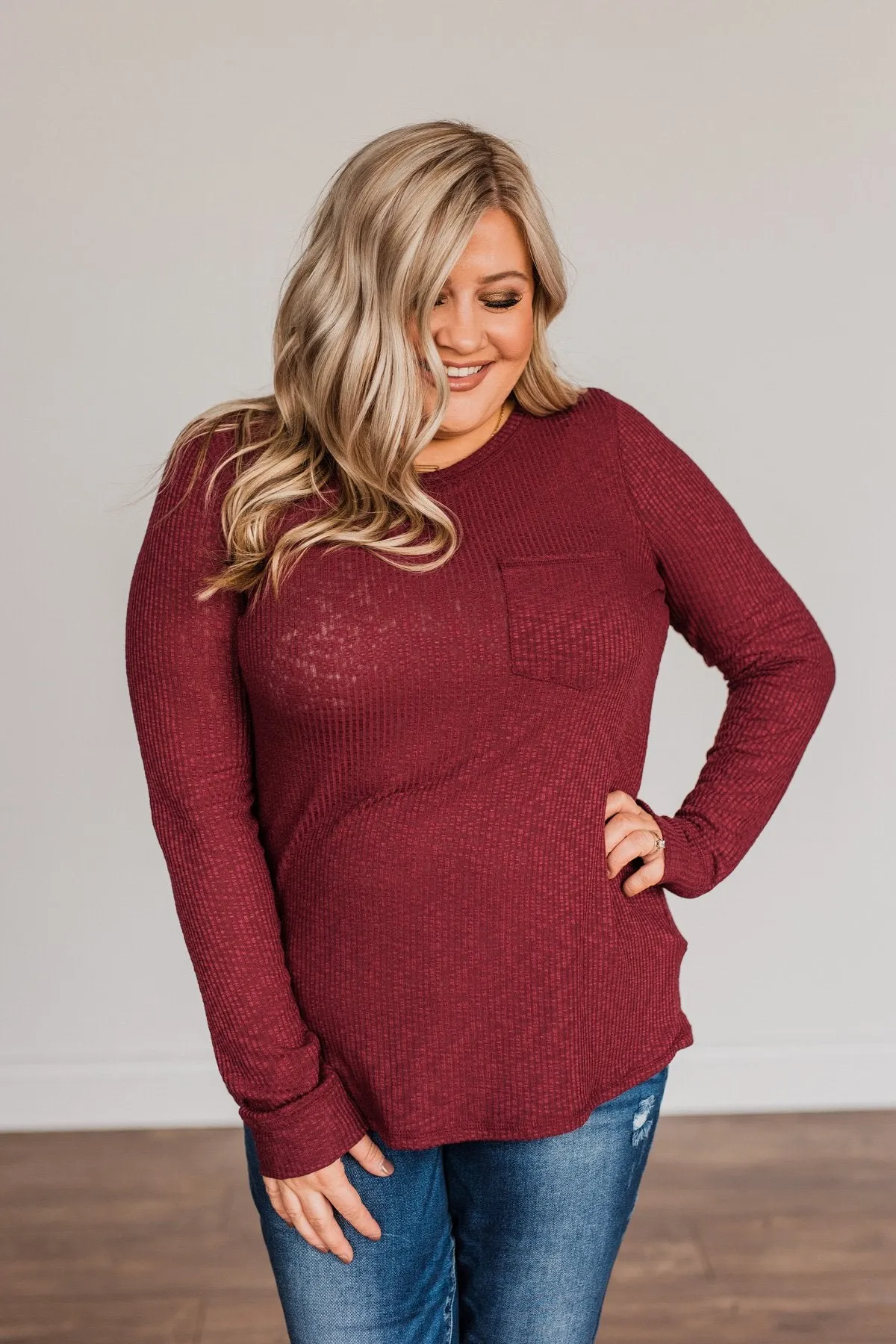 Slowing Things Down Pocket Long Sleeve Top- Burgundy