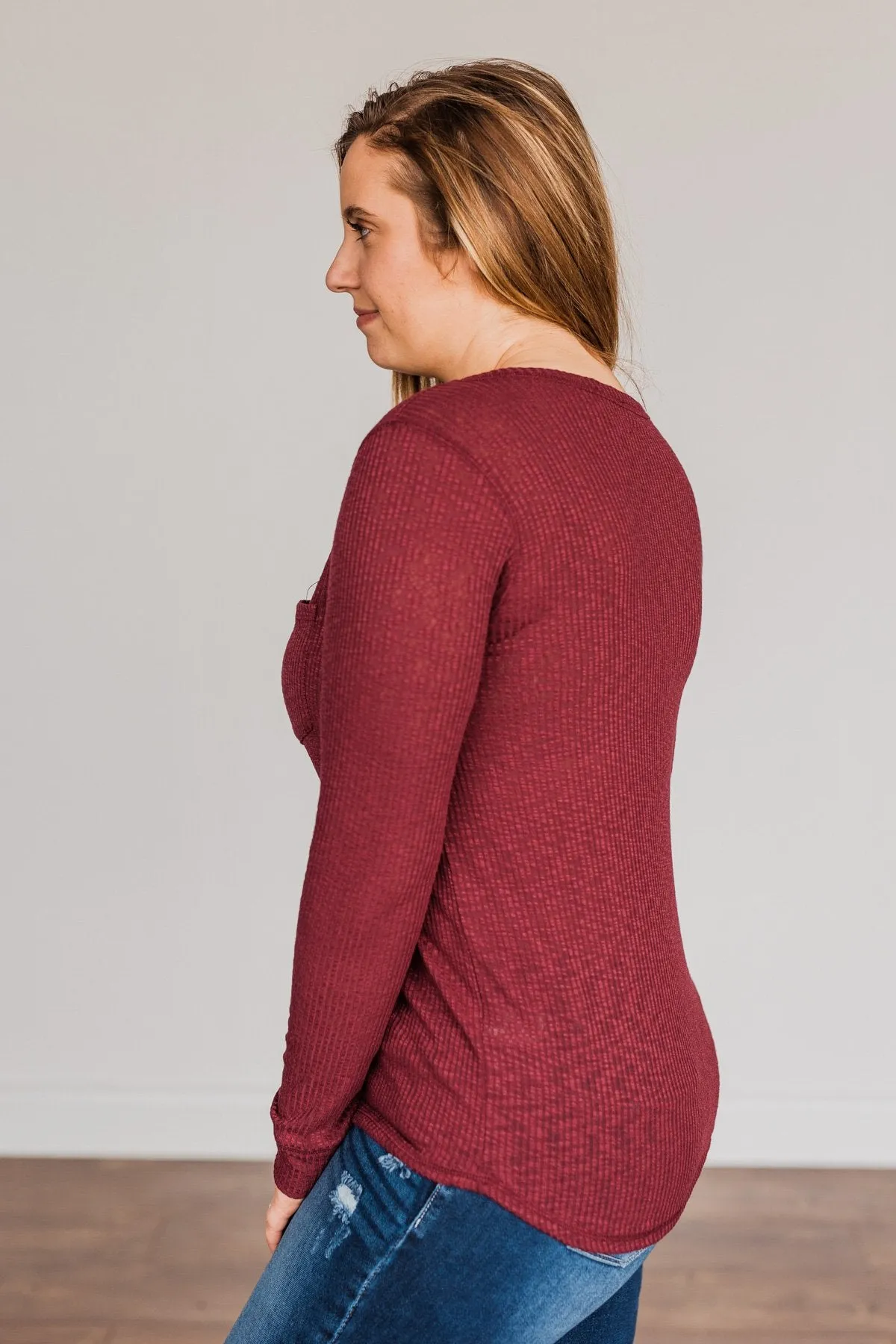 Slowing Things Down Pocket Long Sleeve Top- Burgundy