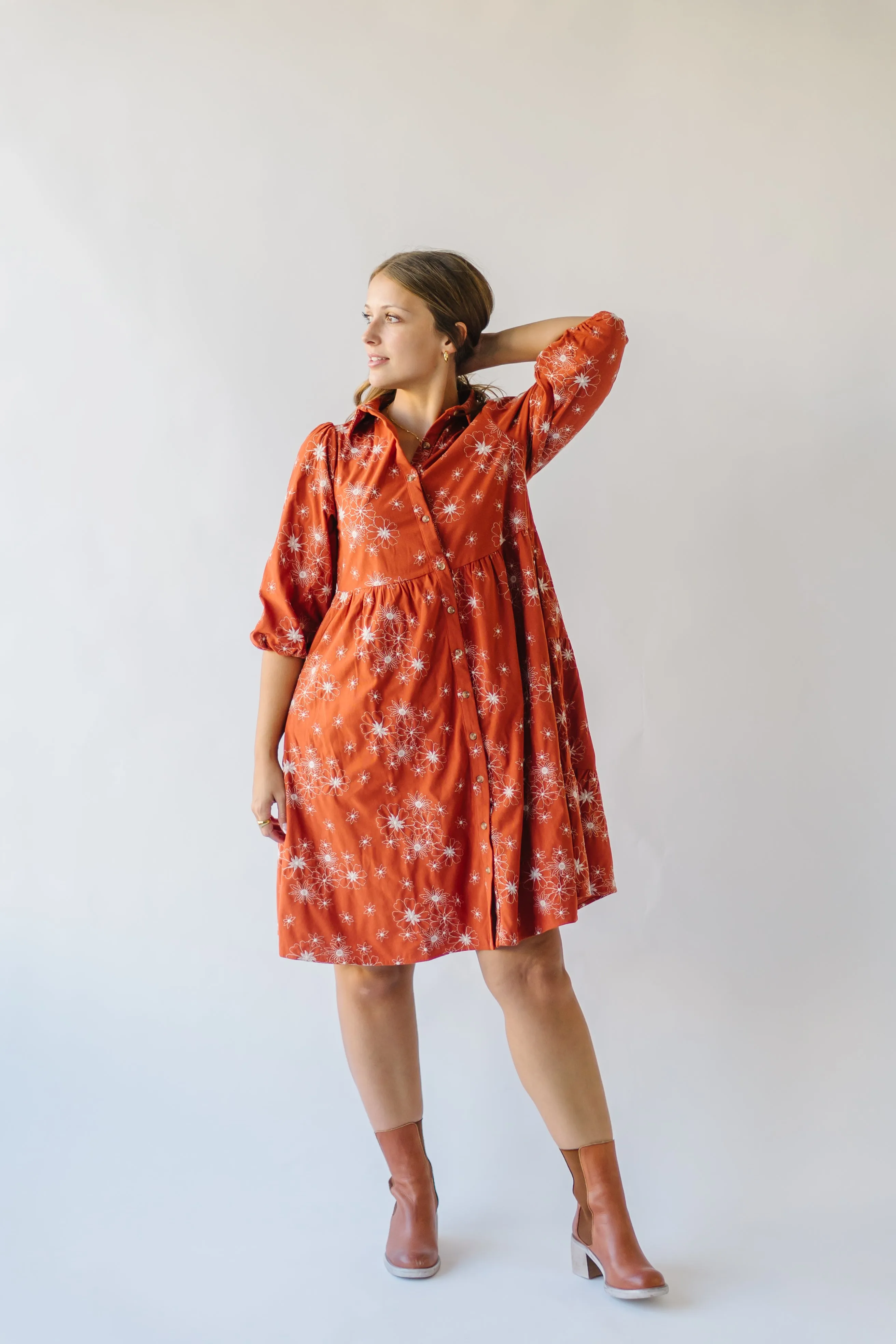 The Kailen Button-Down Patterned Dress in Rust