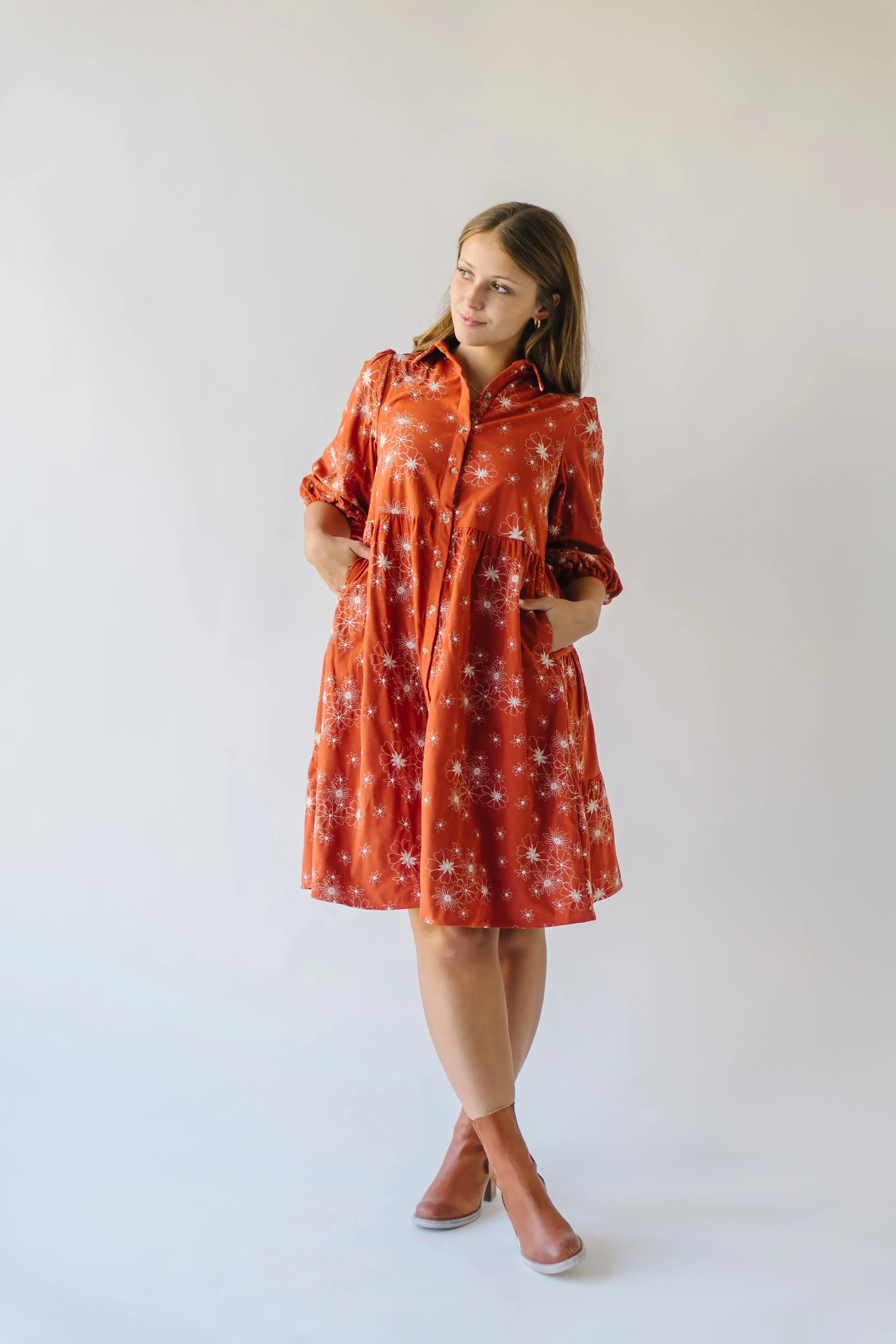 The Kailen Button-Down Patterned Dress in Rust