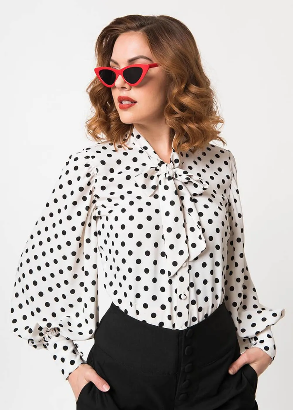 Unique Vintage Gwen Polka Dot 40's Blouse White Black