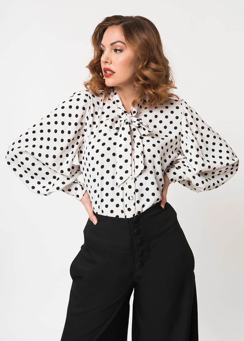 Unique Vintage Gwen Polka Dot 40's Blouse White Black