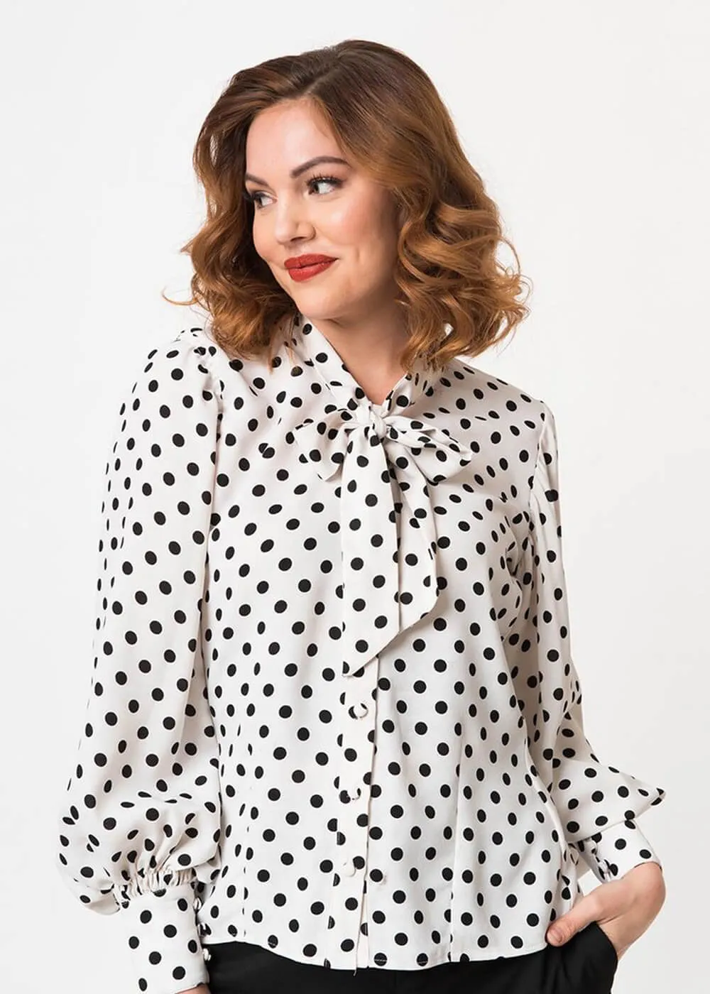 Unique Vintage Gwen Polka Dot 40's Blouse White Black