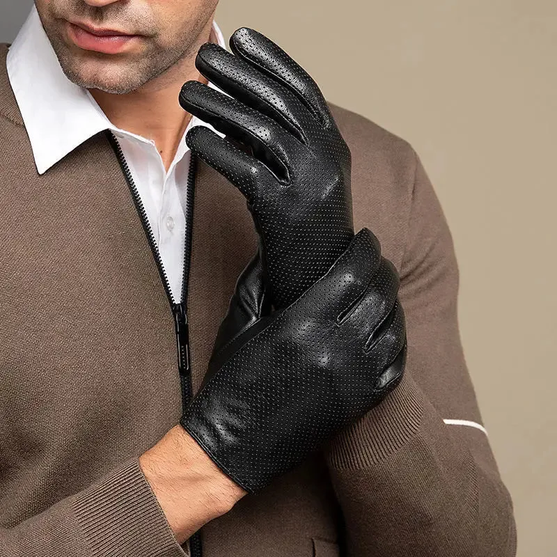 Unisex Genuine Sheepskin Leather Breathable Touch Screen Driving Gloves