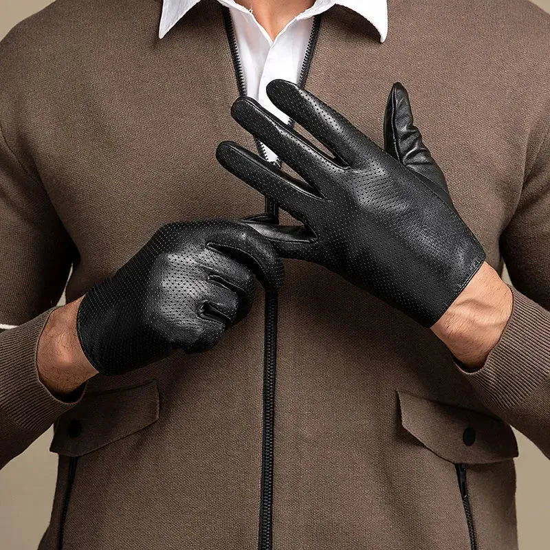 Unisex Genuine Sheepskin Leather Breathable Touch Screen Driving Gloves