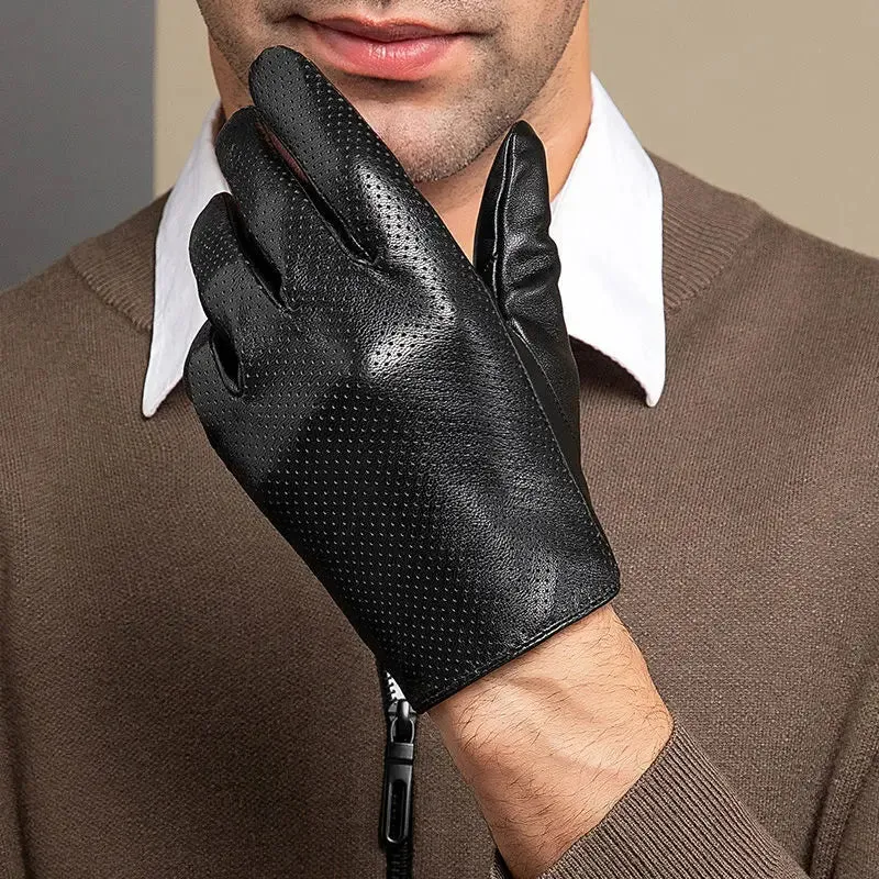 Unisex Genuine Sheepskin Leather Breathable Touch Screen Driving Gloves