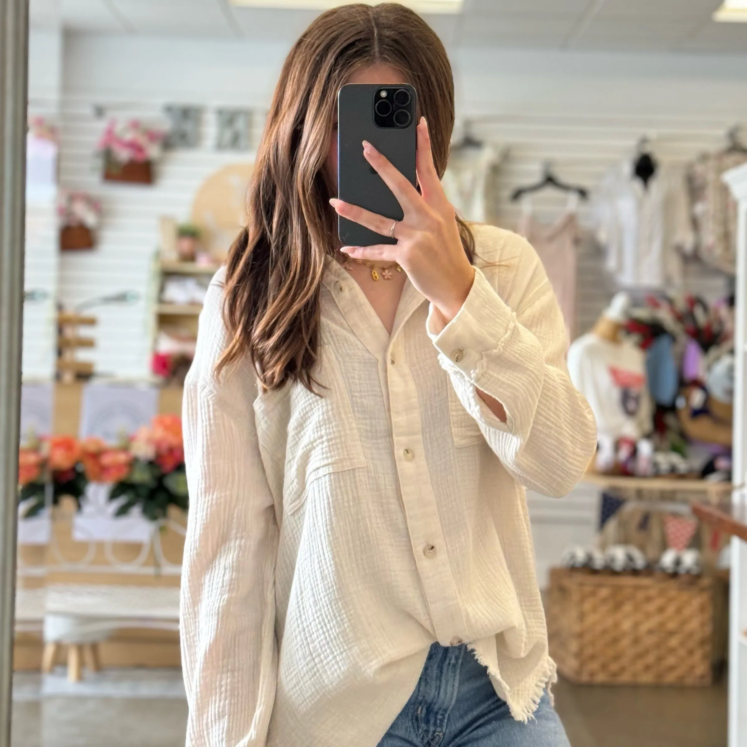 Vacay Mode On Linen Button Down Top Latte