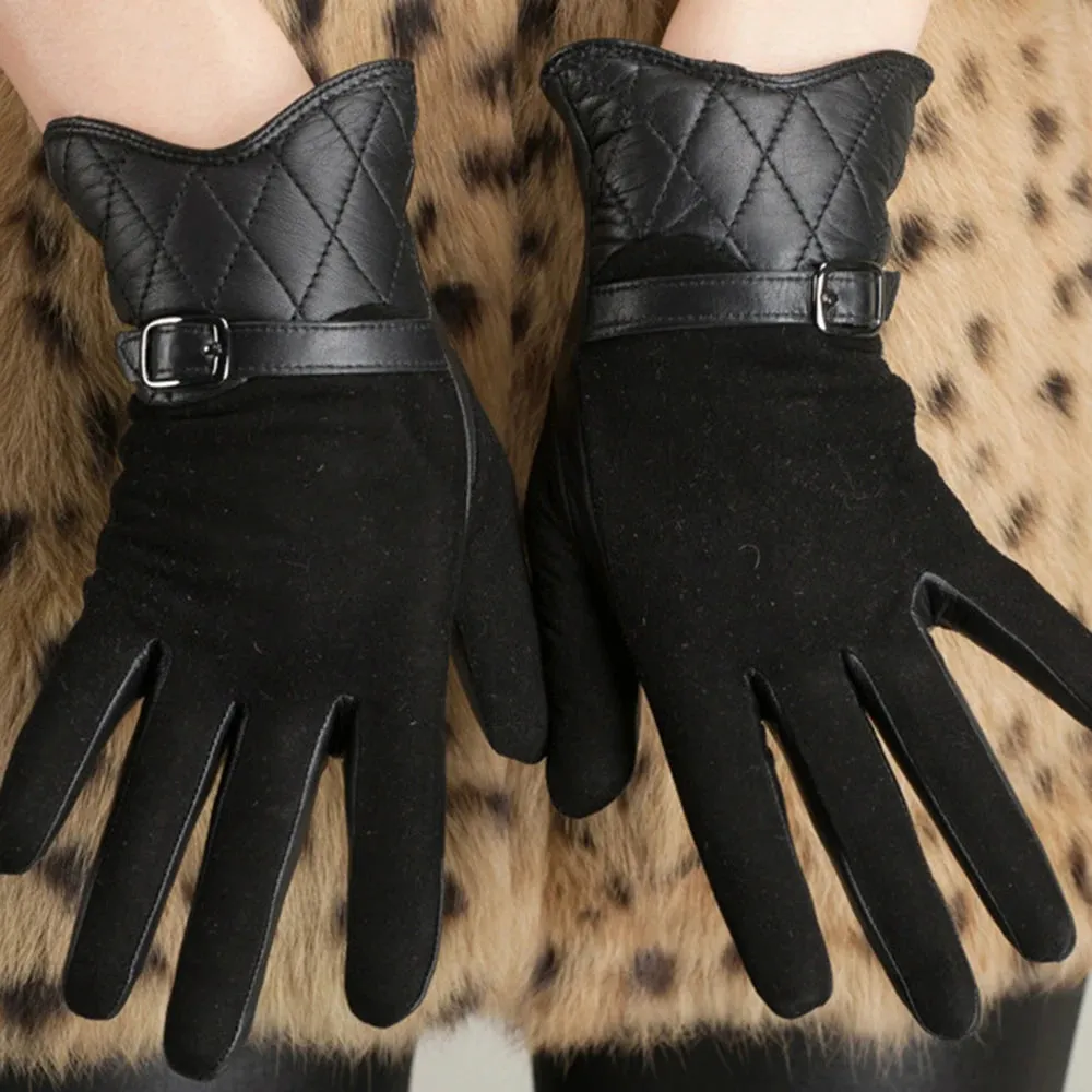 Warm Genuine Sheepskin Leather Driving Mesh Gloves for Women