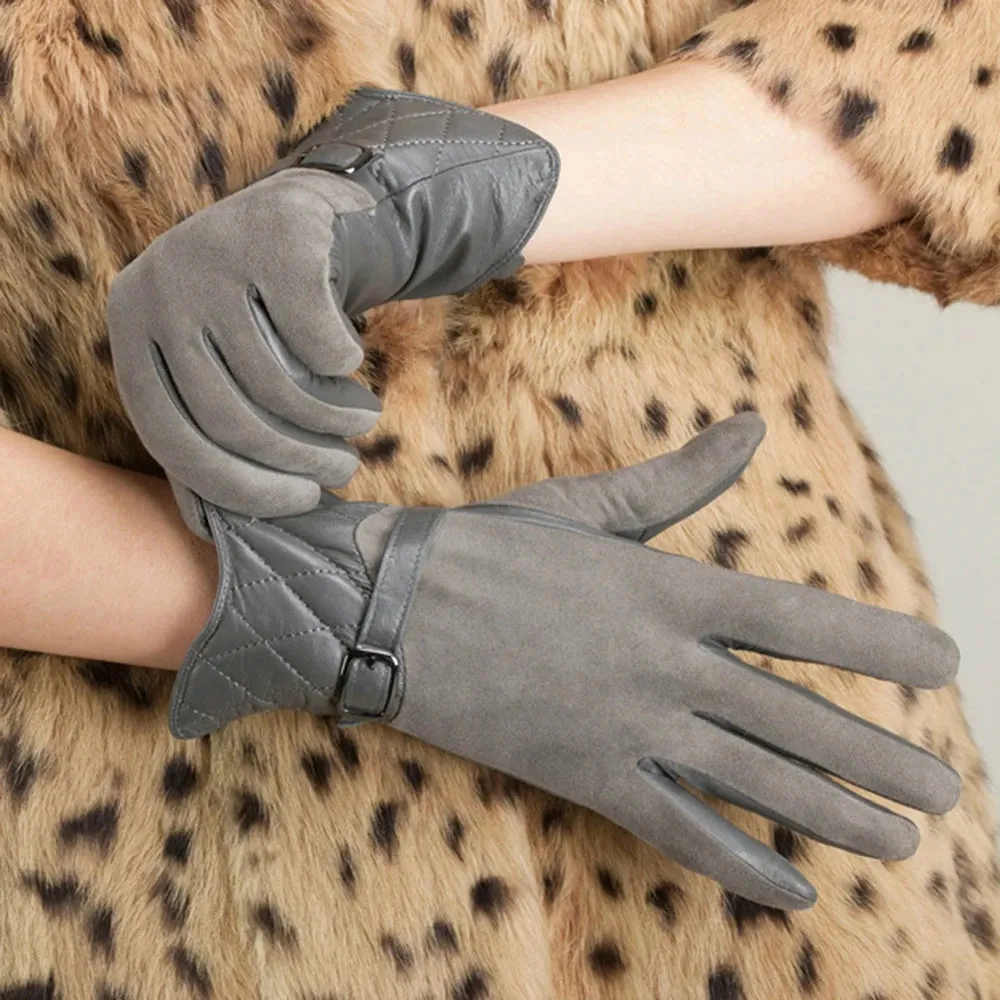 Warm Genuine Sheepskin Leather Driving Mesh Gloves for Women