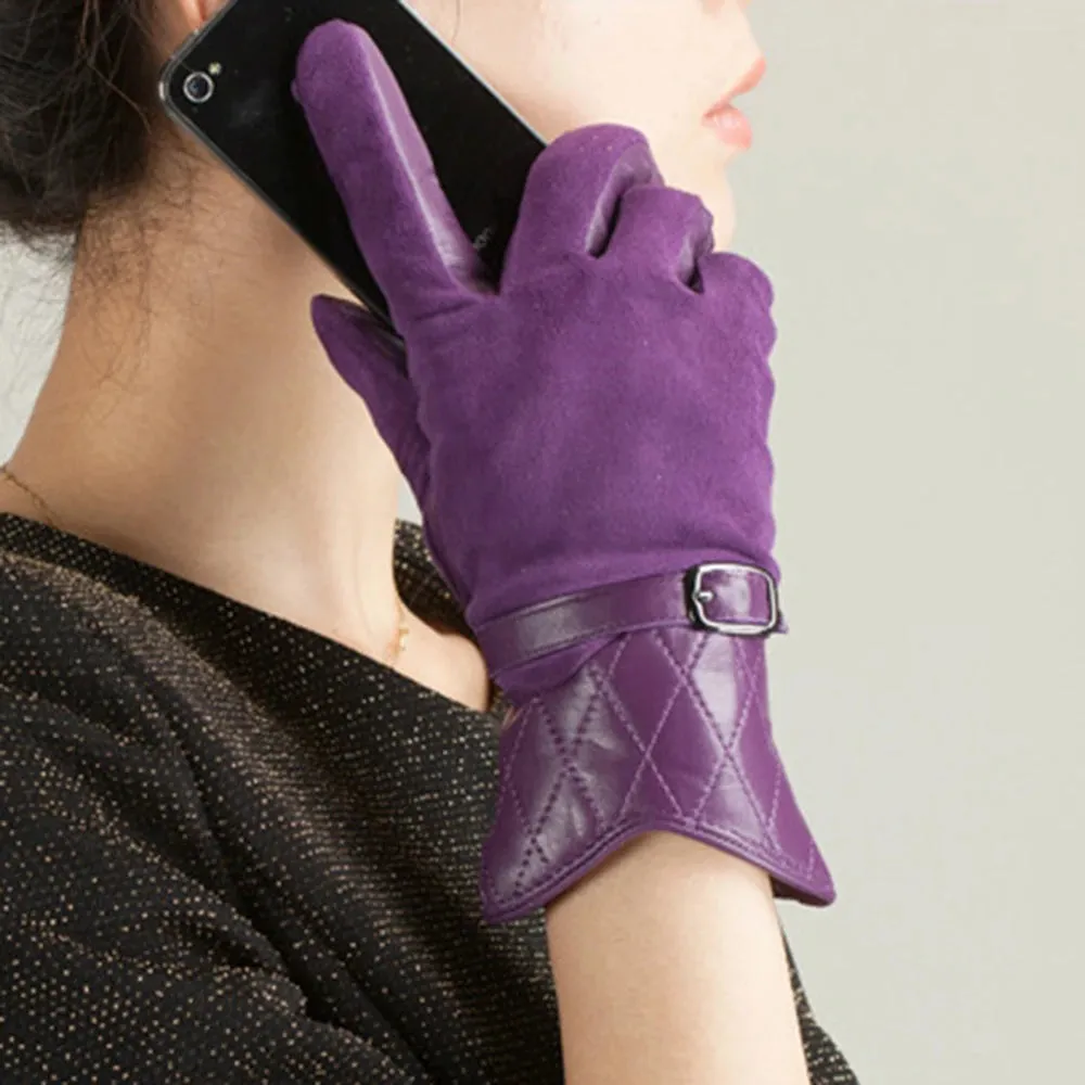 Warm Genuine Sheepskin Leather Driving Mesh Gloves for Women