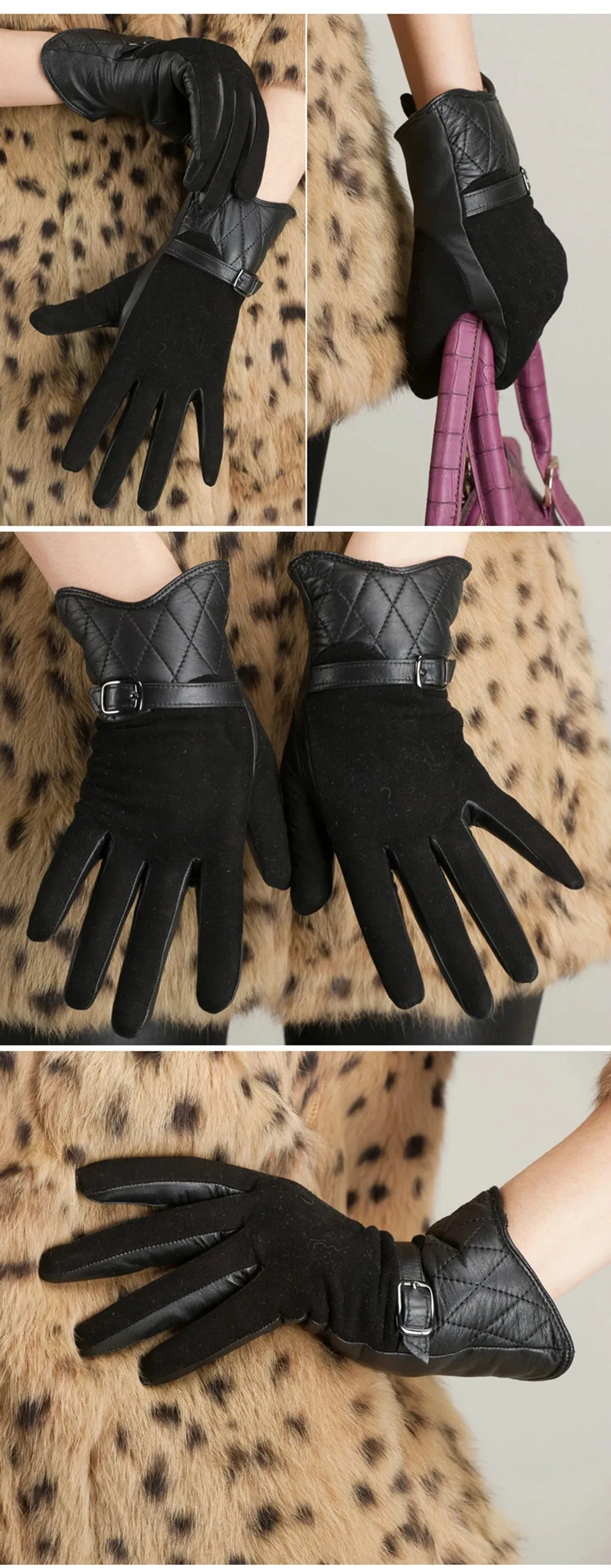 Warm Genuine Sheepskin Leather Driving Mesh Gloves for Women