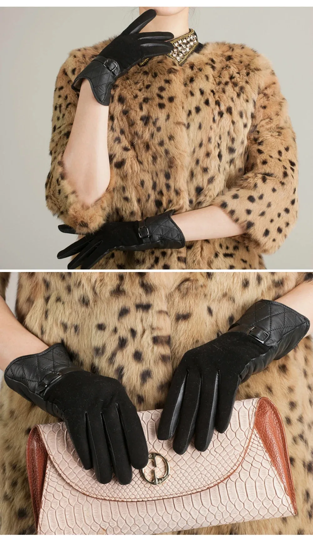 Warm Genuine Sheepskin Leather Driving Mesh Gloves for Women