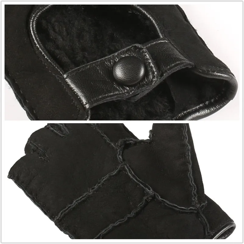 Women's Fashion Black Sheepskin Fingerless Wool Lined Soft Driving Gloves