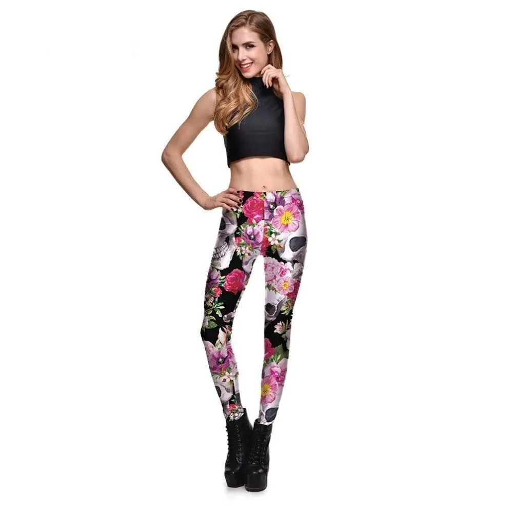 Women's Fashion Jasmine Flowers Skull Digital Printed Stretchy Leggings