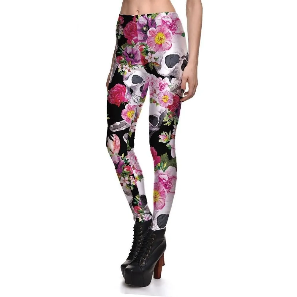 Women's Fashion Jasmine Flowers Skull Digital Printed Stretchy Leggings