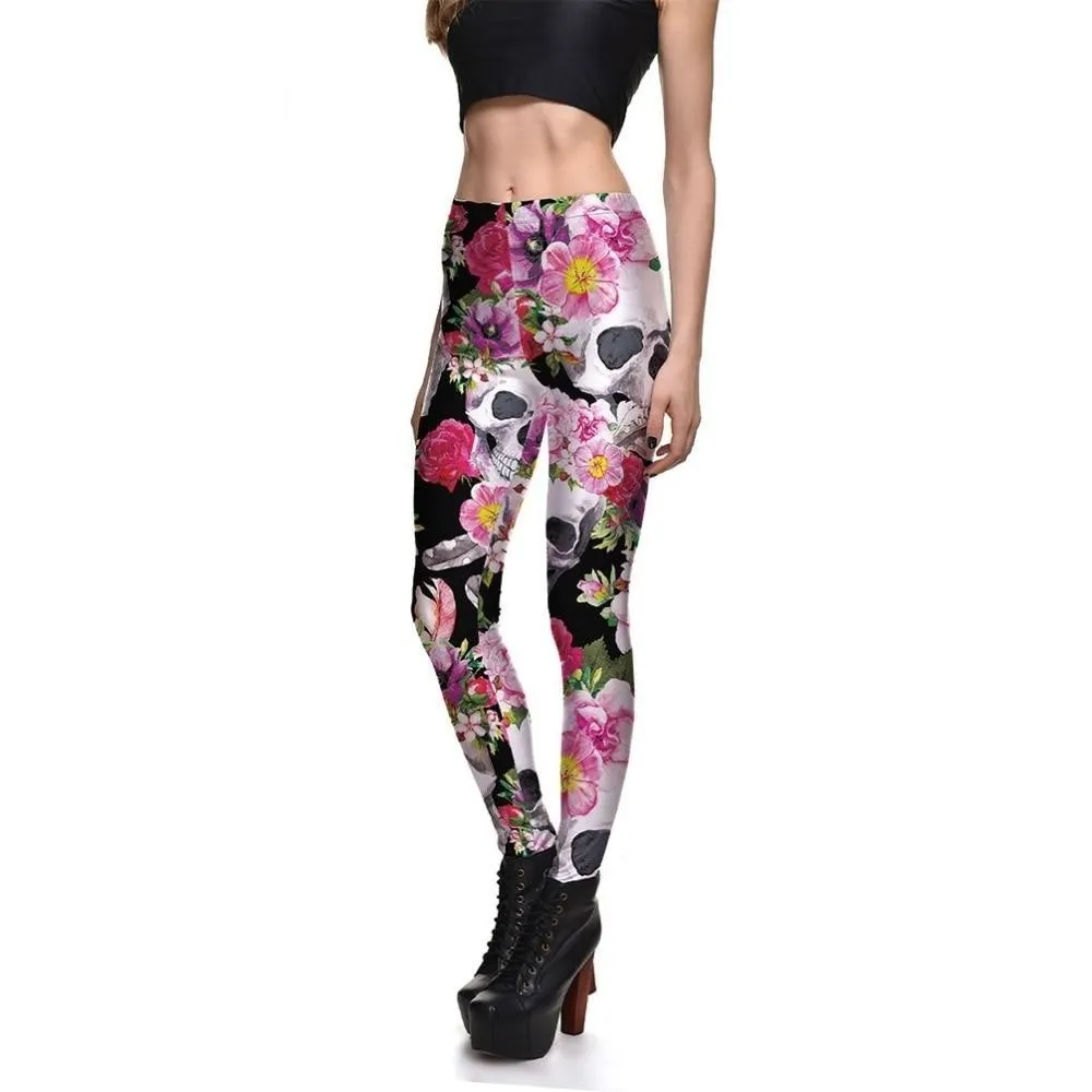 Women's Fashion Jasmine Flowers Skull Digital Printed Stretchy Leggings