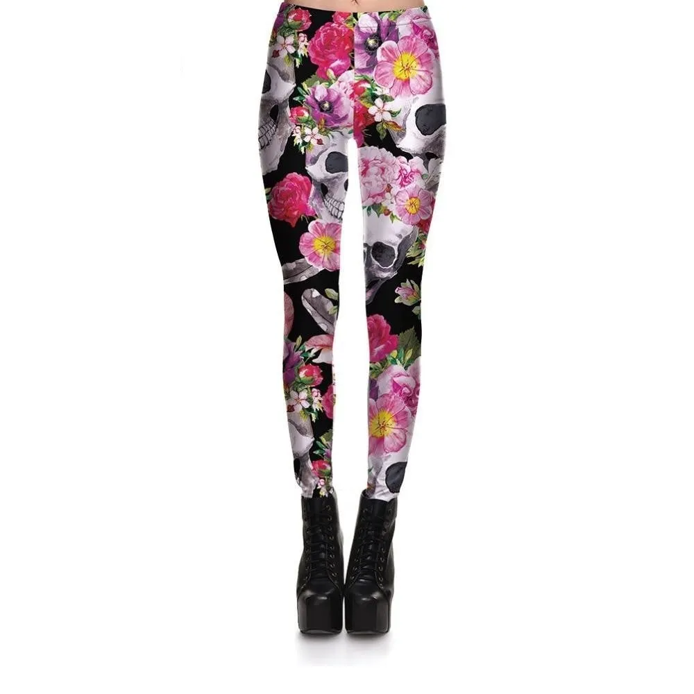 Women's Fashion Jasmine Flowers Skull Digital Printed Stretchy Leggings