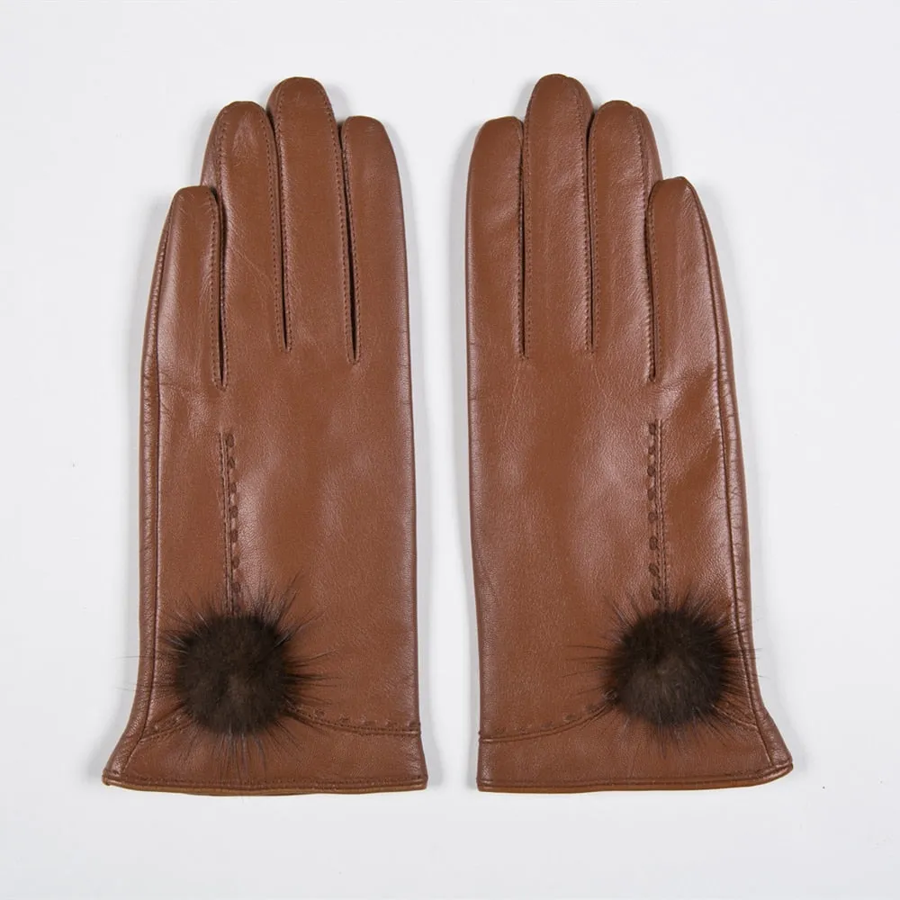 Women's Fashion Winter Natural Leather Goatskin Fleece Lining Gloves