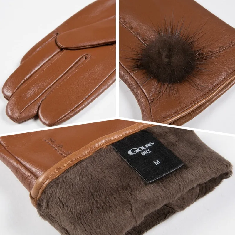 Women's Fashion Winter Natural Leather Goatskin Fleece Lining Gloves