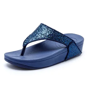 Women's Navy Blue Summer Crystal Diamond Gem Solid Flat Slippers